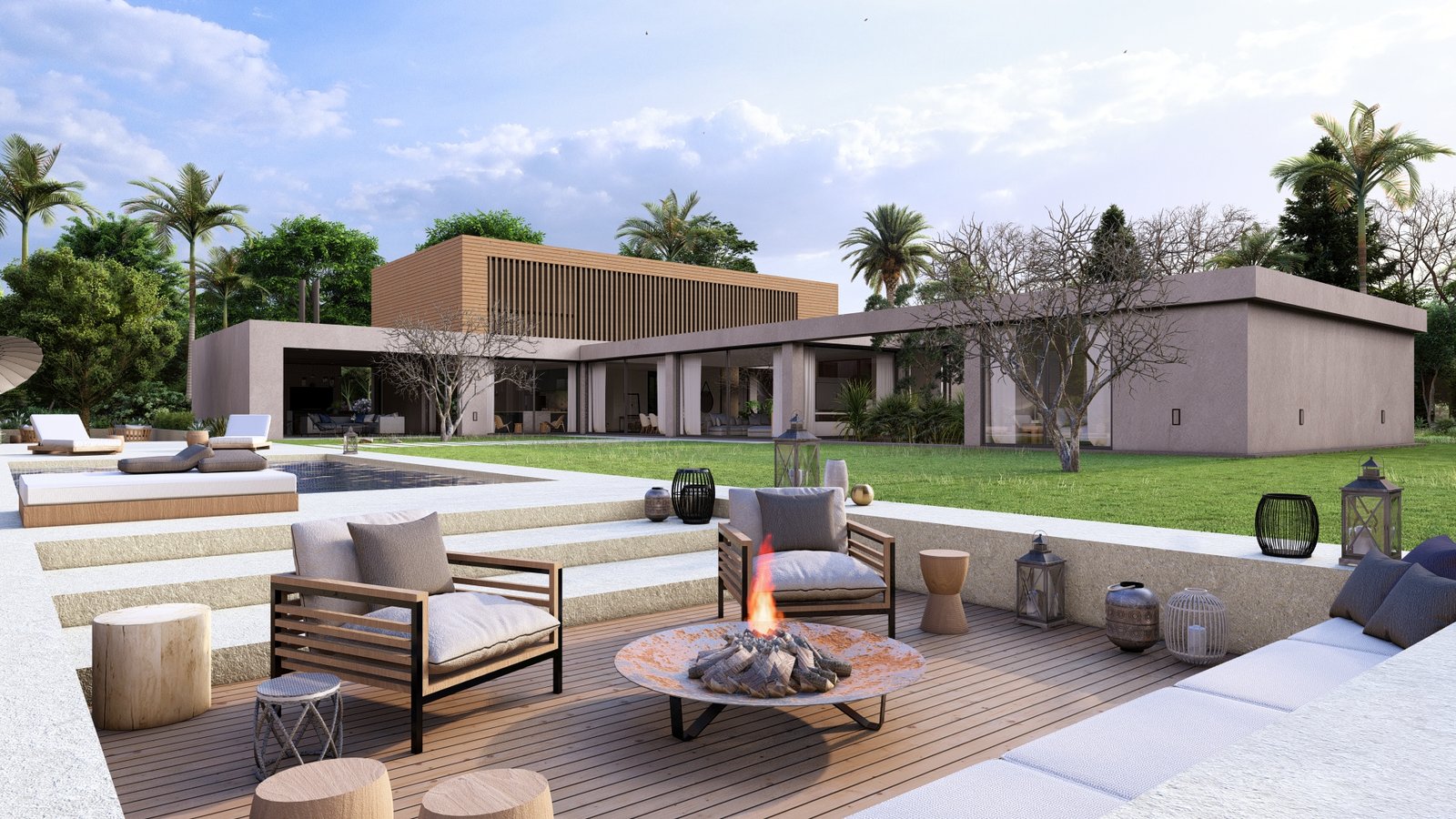 Patio moderno con piscina, deck de madera y chimenea exterior — proyecto Casa FP, por Hermann Arquitectos, en San Isidro